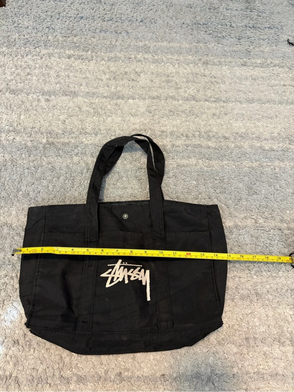 Stussy Stock Logo Canvas Tote Bag Black Utility Shoulder Bag Pocket Snap Closure